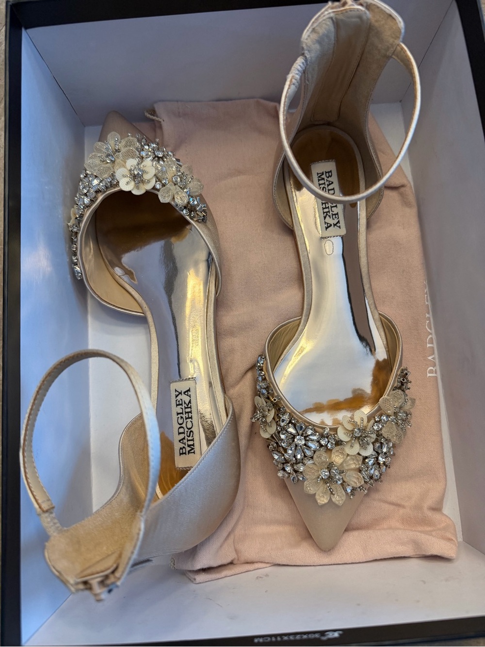 Badgley Mischka Champagne Satin Floral Crystal D'Orsay Flats - Picture 2 of 5